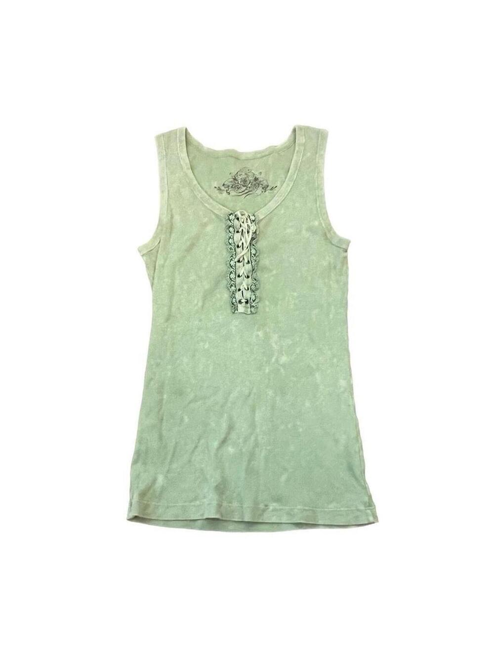 Green Lace Up Ribbon Tank Top